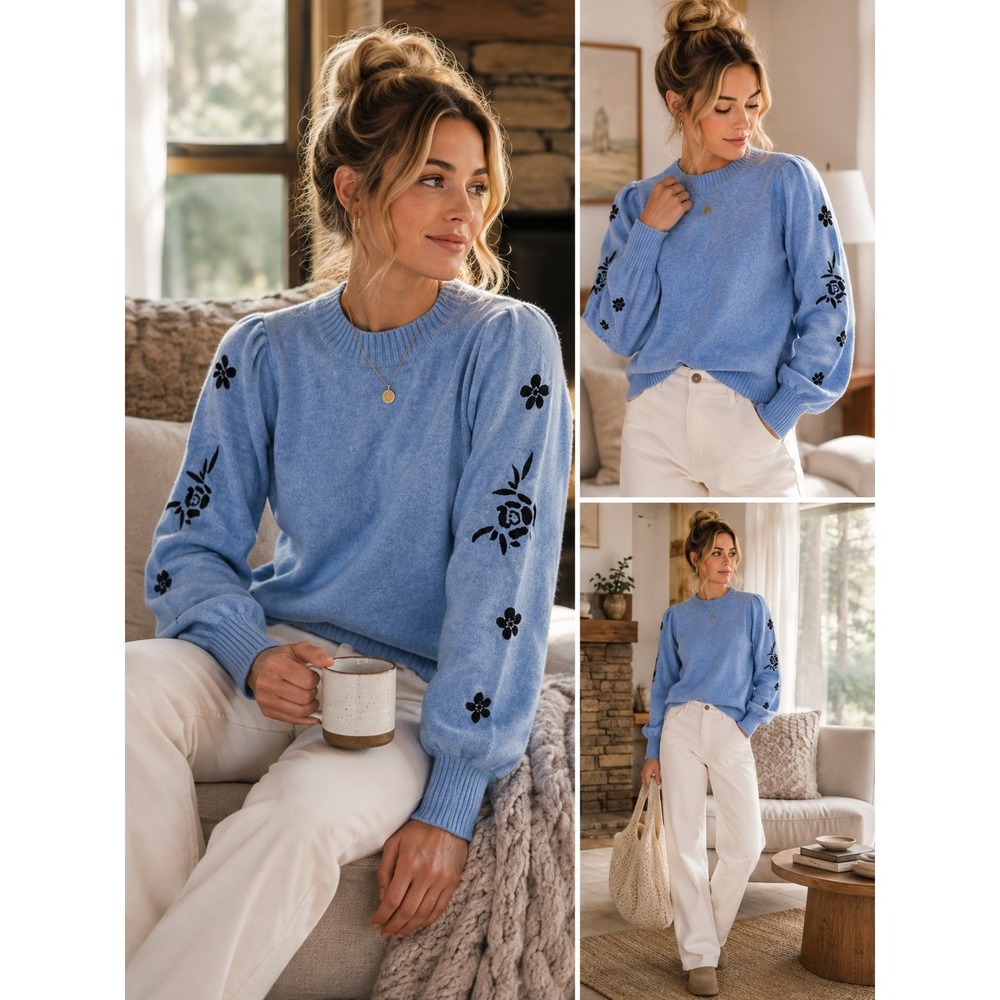 ONLY Flower Pullover Sweater Womens M Blue Black Embroidered Sleeves Excellent